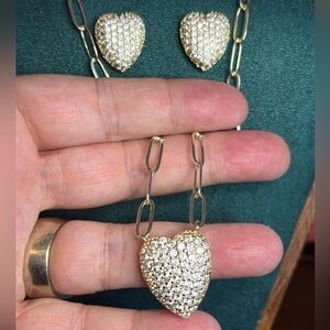 Gold-Tone Pave Heart Pendant Paperclip Necklace & Matching Earrings Set